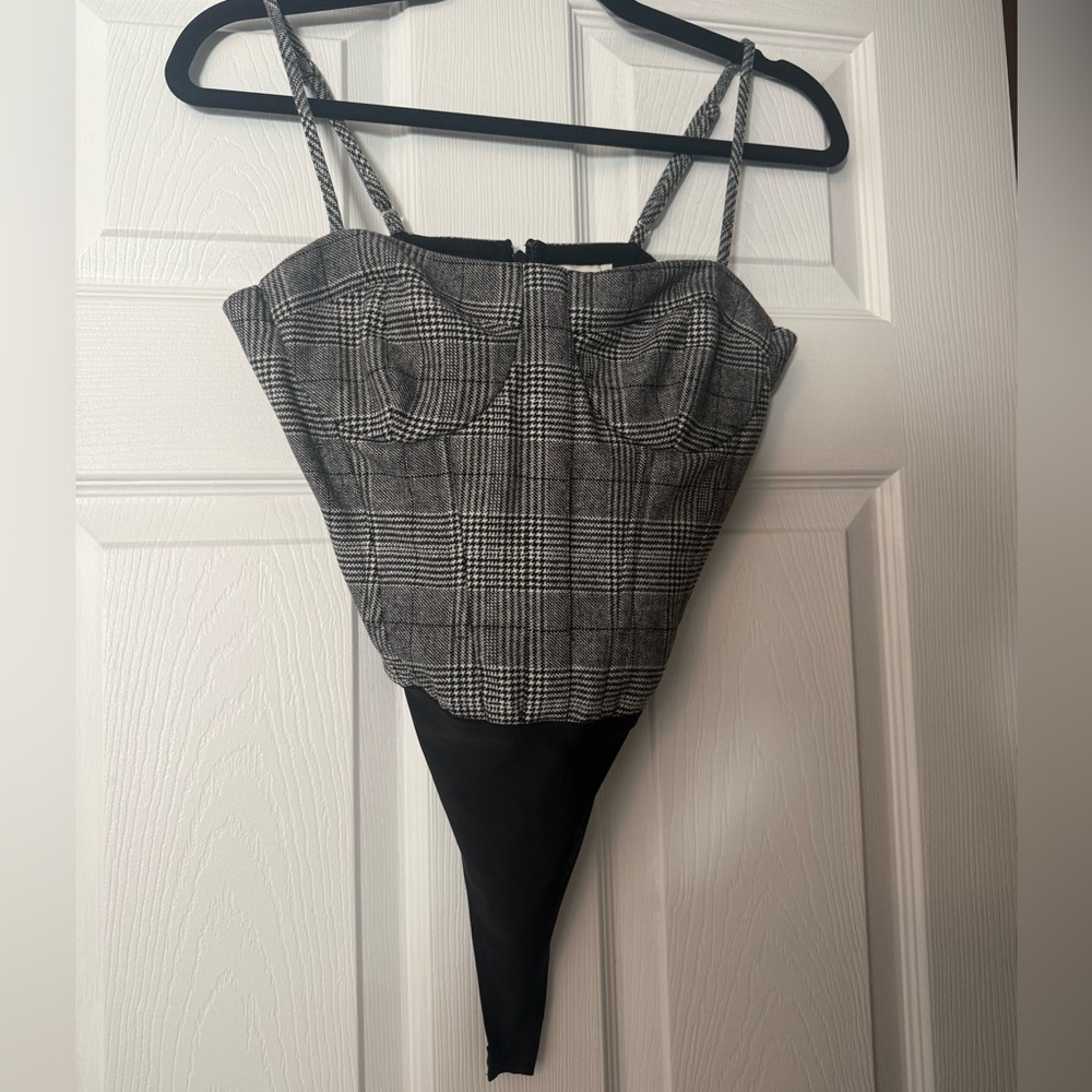 Cami NYC Black and White Plaid Bustier Bodysuit Size 2 NWOT